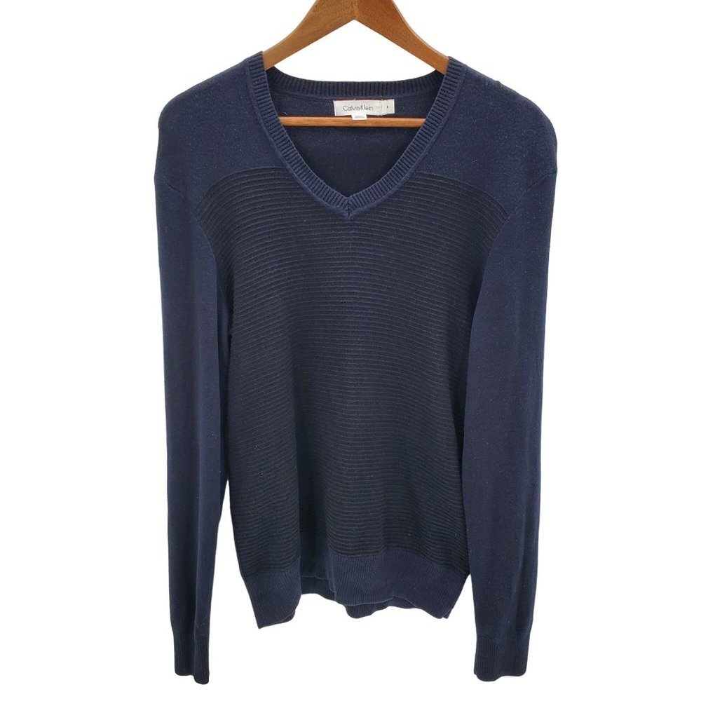Calvin Klein Mens V-Neck Pullover‎ Sweater Size M Navy Blue Long Sleeve Casual